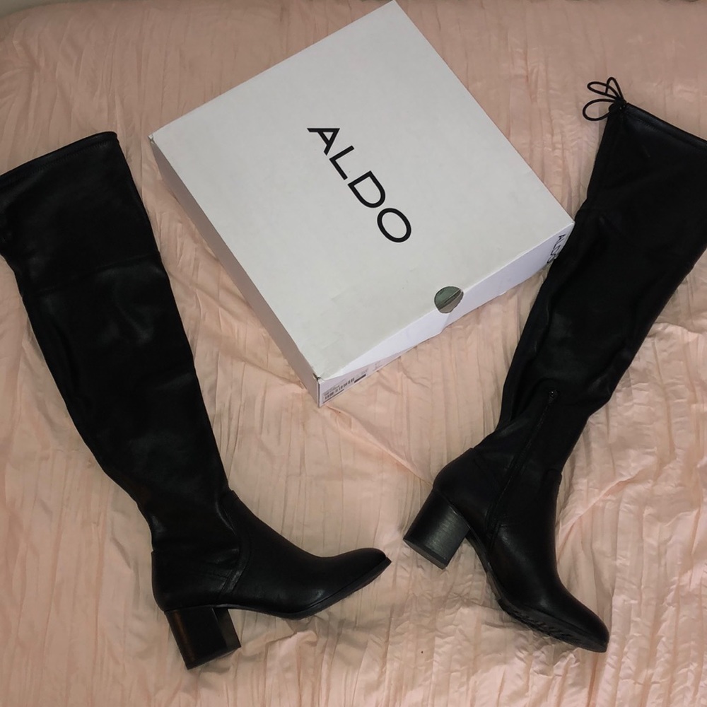 Black leather knee high boots
